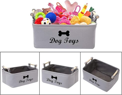 سلة ألعاب الكلاب من القماش من Geyecete لألعاب الكلاب، وبطانية الكلاب، وصناديق تخزين ألعاب الكلاب، بمقبض خشبي (رمادي اللون) in Kuwait