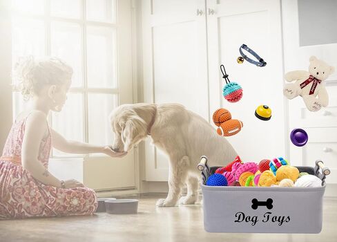 سلة ألعاب الكلاب من القماش من Geyecete لألعاب الكلاب، وبطانية الكلاب، وصناديق تخزين ألعاب الكلاب، بمقبض خشبي (رمادي اللون) in Kuwait