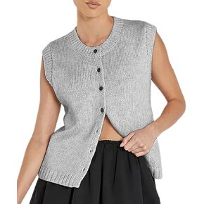 Lunoakvo Women Sleeveless Knit Button Down Sweater Vests Basic Casual Knitwear Solid Loose Tank Tops
