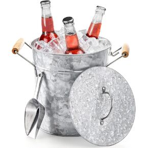 Frcctre Farmhouse 4 Liter Ice Bucket with Lid, Galvanized Metal Beverage Tub with Scoop and Handles, Drink and Wine Chiller for Bar, Party, BBQ, Great for Indoor and Outdoor Use