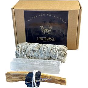 Smudge Kit – Smudge Set with White Sage, Palo Santo Sticks, Selenite, Black Tourmaline – White Sage Smudge Kit for Meditation, Spiritual Cleansing, Purifying
