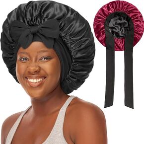 Double Layered Silk Satin Bonnet with Tie for Sleeping Black Women, Wide Band Large Hair Wrap Sleep Cap for Curly Hair Braid