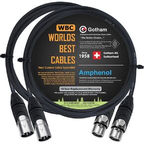 2 Units - 2 Foot - Gotham GAC-4/1 (Black) - Star Quad, Dual Shielded Balanced Male to Female Microphone Cables with Amphenol AX3M & AX3F Silver XLR Connectors - Custom Made by WORLDS BEST CABLES