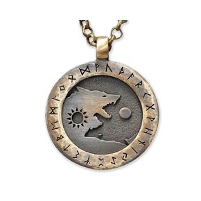 Small Brass Viking Wolf Yin Yang Necklace With Full Set of Runes For Men and Women - Wolves Fenrir Geri Freki Skoll Hati - Viking Norse Protection Charm With 22 Inch Chain