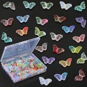 100 Pcs Butterfly Beads, 10 Colors Glass Transparent Butterfly Pendant with Box Colorful Crystal Butterfly Beads for Bracelets DIY Crafting Jewelry Making Supplies