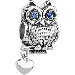 Cute Owl Crystal Eyes Love Heart Bead Charms Compatible with Pandora Charm Bracelets Birthday Jewelry Gifts for Women
