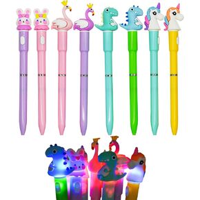 Maydahui 8 Pcs Cute Luminous Animal LED Light Pens Twistable Silicone Flamingo Unicorn Rabbit Dinosaur Light Up Ballpoint Pens Black Ink for School Office Desk Decor Birthday Party Favor