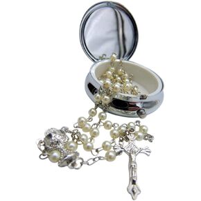 Westmon Works First Communion Rosary Glass Bead with Chalice Centerpiece and Crucifix Catholic Girls Deluxe Set with Metal Snap Case Keepsake