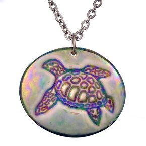 Sea Turtle Porcelain Pendant Necklace, Green with Brown and Purple Design, Beach Lover Gift