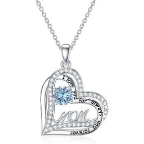 WINNICACA Mom Necklace 925 Sterling Silver Birthstone Love Heart Pendant Necklaces for Women Jewelry for Mom Birthday Mothers Day Gifts