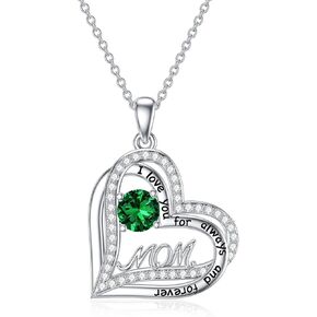 WINNICACA Mom Necklace 925 Sterling Silver Birthstone Love Heart Pendant Necklaces for Women Jewelry for Mom Birthday Mothers Day Gifts