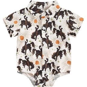 Western Baby Boy Clothes Horse Print Shirt Romper Short Sleeve Button Down Bodysuit Infant Gentleman Summer Outfit