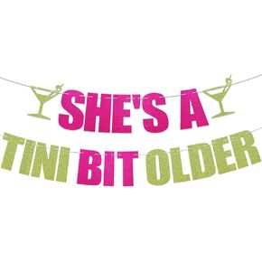 She's a Tini Bit Older Banner - Martini Birthday Decorations, Tinis & Weenies Garland, Trendy Birthday Party Decorations Hot Pink & Green Glitter