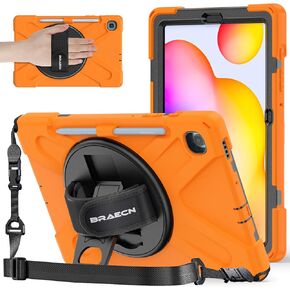 BRAECNstock for Samsung Galaxy Tab S6 Lite 10.4 Inch Case 2024/2022/2020 (SM-P620/P610/P619) with Pen Holder Rotating Kickstand + Hand Strap Shockproof Protective Kids Case for Galaxy S6 Lite - Orange