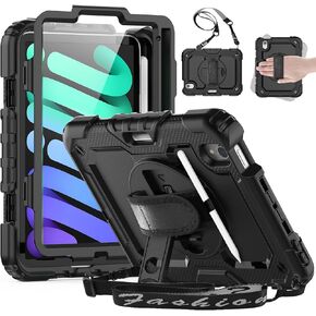 HXCASEAC Case for iPad Mini 6th Generation 8.3 inch, Shockproof Design with Pencil Holder/Screen Protector/Hand Strap, Protective for iPad Mini 6 Case Kids (A2567 A2568 A2569) - Black
