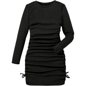 Floerns Girl's Long Sleeve Drawstring Ruched Knot Side Stretchy Fitted Bodycon Pencil Dress