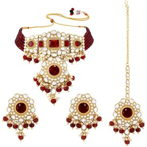 Aheli Traditional Gold Plated Kundan Choker Necklace Dangle Earring & Maang Tikka Ethnic Function Jewelry Set Gift for Women