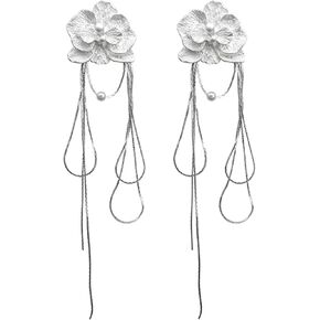 women's metallic silver flower fringe chain bridal earrings, pearl pendant 925 silver column wedding jewelry gifts