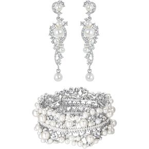 EVER FAITH Austrian Crystal Simulated Pearl Bridal Stretch Bracelet Dangle Earrings Vintage Wedding Prom Jewelry Set for Women