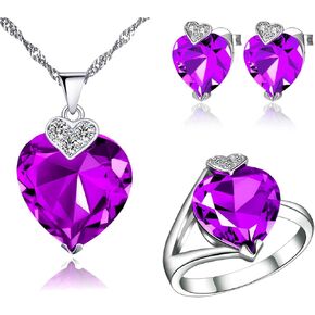 Uloveido White Gold Plated Crystal Heart Wedding Jewelry Set Women Necklace Earrings and Rings Set for Bridal Girls Anniversary Birthday Gift T213
