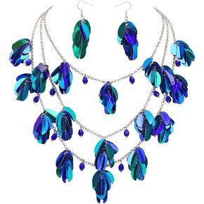 Necklace for Women, 3 Layer Statement Novelty Necklace Set with Earrings, Leaf Shaped Sequin Pendant Necklace, Jewelry Set for Women Gift