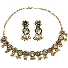 Vintage Daisy Flower Jewellery Set Tassel Dangling Beaded Ball Austrian Crystal Oxidized Silver Earring Necklace Ethnic Statement Bollywood Choker Necklace Drop Earrings Bridal Wedding Party Prom Wear Fashion Gift for Women