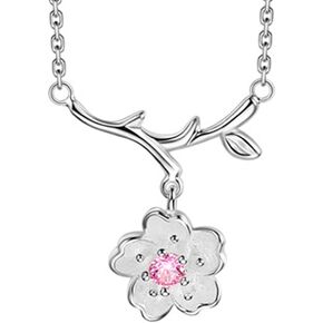 Looyar S925 Silver Branch Cherry Blossoms Earrings Necklace Ring Purple & Pink Simple Flower (Necklace A Pink)