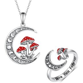 Moon Mushroom Necklace and Ring,925 Sterling Silver Magical Red Mushroom Pendant Moon Phase Jewelry Set,Christmas Birthday Gifts for Women