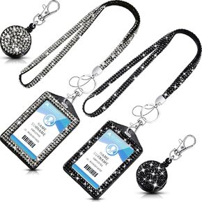 Rhinestone Lanyard Bling ID Card Holder 2 Sets Crystal ID Card Holder Retractable Diamond Lanyards for ID Badges (Black, Ore Grey,Vertical Style)