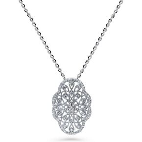 BERRICLE Sterling Silver Flower Cubic Zirconia CZ Art Deco Pendant Necklace for Women, Rhodium Plated