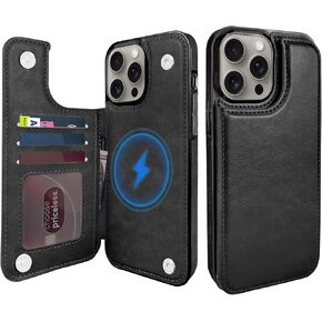 TopPerfekt Wallet Case for iPhone 15 Pro Max 6.7", Compatible with MagSafe, Wireless Charging, Leather Card Holder Kickstand Protective Cover Magnetic Phone Flip Case-Black