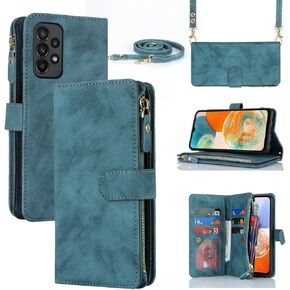 iCoverCase for Samsung Galaxy A23 Wallet Case with Card Holder for Women, Crossbody Lanyard Strap Kickstand PU Leather Case with Zipper Pocket Credit Card Slots Cover (Blue)