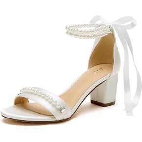 Block Heel Wedding Sandals Pearl Wedding Shoes for Bride Open Toe Bridal Shoes Chunky Heel Sandals