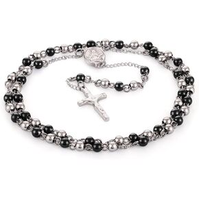Stainless Steel 6mm Beads Rosary Catholic Necklace Holy Medal & Crucifix 32inch