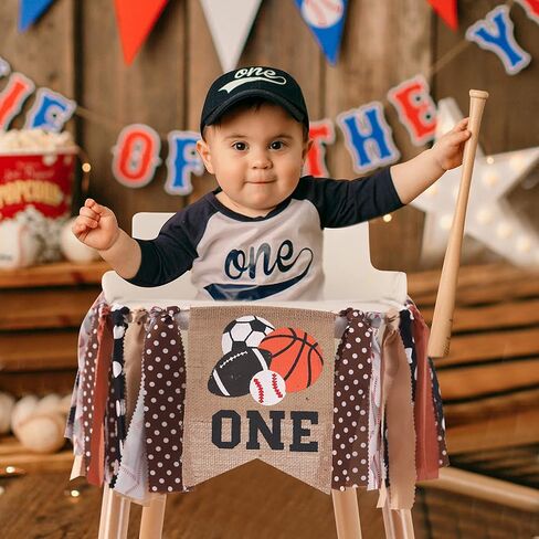 لافتة كرسي مرتفع واحدة للكرات الرياضية - كرة القدم/البيسبول/كرة السلة/كرة القدم، لافتة كرسي عالٍ لعيد الميلاد الأول للكرسي العالي، جميع الصور الرياضية لتزيين حفلات أعياد الميلاد، لافتة كرسي مرتفع لعيد الميلاد الأول للصبيان، تحطيم كعكة عيد الميلاد الأول (ك in Kuwait