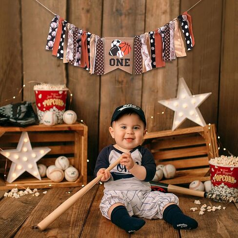 لافتة كرسي مرتفع واحدة للكرات الرياضية - كرة القدم/البيسبول/كرة السلة/كرة القدم، لافتة كرسي عالٍ لعيد الميلاد الأول للكرسي العالي، جميع الصور الرياضية لتزيين حفلات أعياد الميلاد، لافتة كرسي مرتفع لعيد الميلاد الأول للصبيان، تحطيم كعكة عيد الميلاد الأول (ك in Kuwait