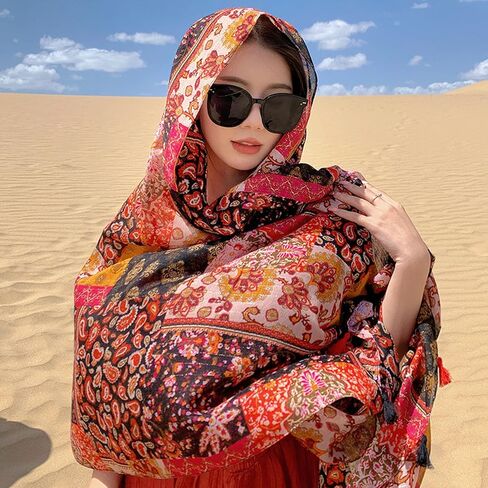 وشاح بوهيمي خفيف الوزن يلتف على الموضة مطبوع عليه زهور للنساء وشاح من القطن وشاح للرأس شال هدية صيفية (أحمر) in Saudi Arabia