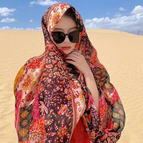 وشاح بوهيمي خفيف الوزن يلتف على الموضة مطبوع عليه زهور للنساء وشاح من القطن وشاح للرأس شال هدية صيفية (أحمر) in Saudi Arabia