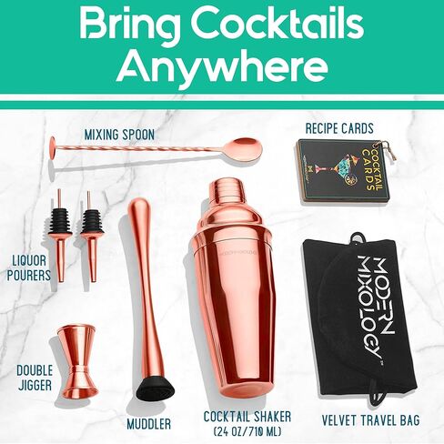 Mixology Cocktail Shaker Set Drink Mixer, 8-Piece Portable Bartender Kit with 24oz Martini Shaker Barware Tool Set, 2 Pourers, Muddler, Jigger, Mixing Spoon, Velvet Bag, Built-in Strainer (Black) in Saudi Arabia