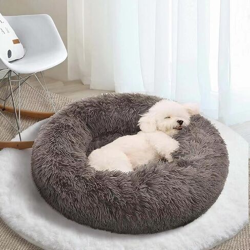 Deluxe Calming Dog Bed for Small Medium Dogs & Cats - Anti-Anxiety Donut Cuddler Cozy Warm Soft Fluffy Faux Fur Round Beds Sizes 24" Puppy Bed (Dark Grey, Small) in Saudi Arabia