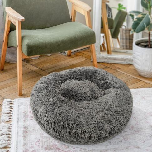 Deluxe Calming Dog Bed for Small Medium Dogs & Cats - Anti-Anxiety Donut Cuddler Cozy Warm Soft Fluffy Faux Fur Round Beds Sizes 24" Puppy Bed (Dark Grey, Small) in Saudi Arabia
