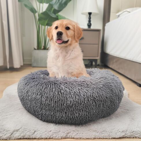 Deluxe Calming Dog Bed for Small Medium Dogs & Cats - Anti-Anxiety Donut Cuddler Cozy Warm Soft Fluffy Faux Fur Round Beds Sizes 24" Puppy Bed (Dark Grey, Small) in Saudi Arabia