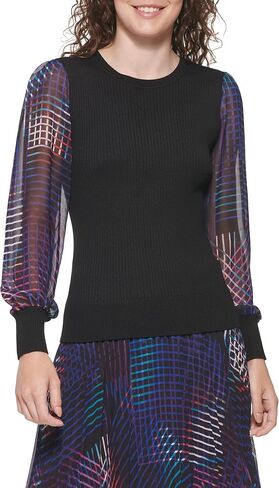 DKNY Women's Figure-Flattering Rib Cuff Sheer Sleeve Sportswear Sweater in Saudi Arabia