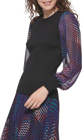 DKNY Women's Figure-Flattering Rib Cuff Sheer Sleeve Sportswear Sweater in Saudi Arabia