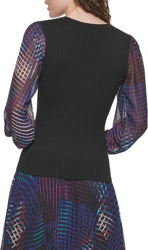 DKNY Women's Figure-Flattering Rib Cuff Sheer Sleeve Sportswear Sweater in Saudi Arabia