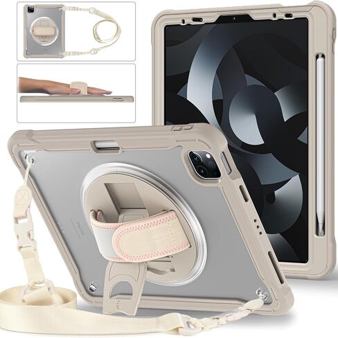 Batianda Case for iPad Pro 11-inch 2022 4th M2 Chip /2021 (3rd Generation) Heavy Duty Rugged Shockproof Tablet Cover with 360° Rotating Hand Strap Foldable Hidden Stand & Shoulder Strap, Khaki in Kuwait