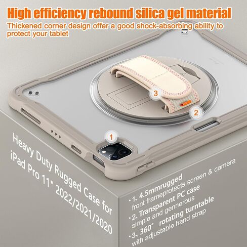 Batianda Case for iPad Pro 11-inch 2022 4th M2 Chip /2021 (3rd Generation) Heavy Duty Rugged Shockproof Tablet Cover with 360° Rotating Hand Strap Foldable Hidden Stand & Shoulder Strap, Khaki in Kuwait