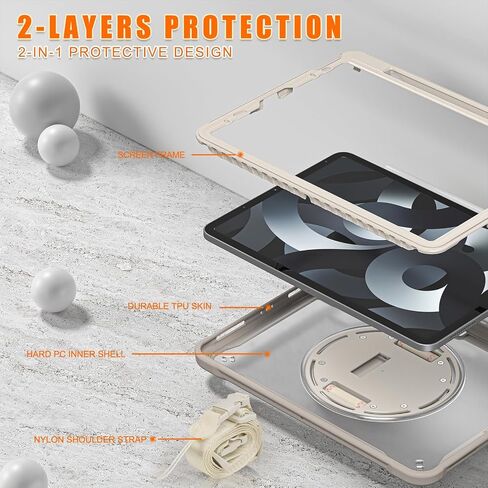 Batianda Case for iPad Pro 11-inch 2022 4th M2 Chip /2021 (3rd Generation) Heavy Duty Rugged Shockproof Tablet Cover with 360° Rotating Hand Strap Foldable Hidden Stand & Shoulder Strap, Khaki in Kuwait