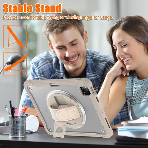 Batianda Case for iPad Pro 11-inch 2022 4th M2 Chip /2021 (3rd Generation) Heavy Duty Rugged Shockproof Tablet Cover with 360° Rotating Hand Strap Foldable Hidden Stand & Shoulder Strap, Khaki in Kuwait