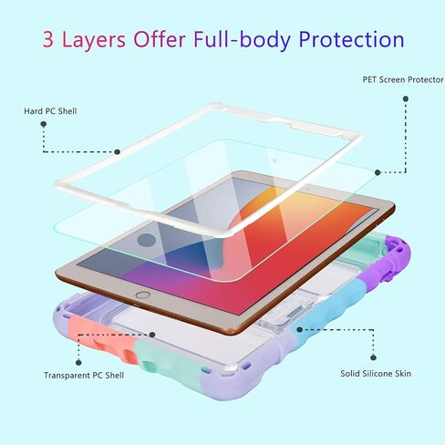 حافظة TopEsct iPad 9th/8th/7th Generation، حافظة iPad 10.2 للأطفال مع حزام كتف محمول، واقي شاشة PET وسيليكون مقاوم للصدمات، قوس قزح in Kuwait
